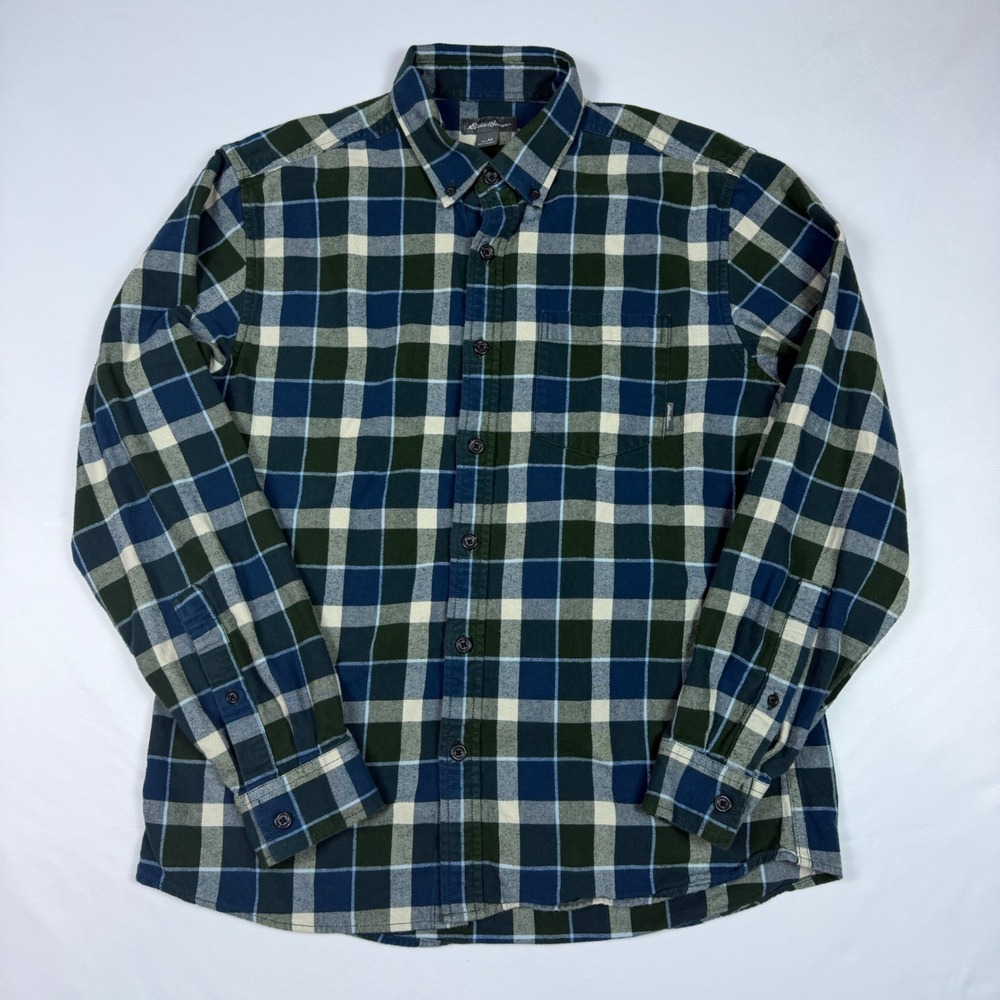 Eddie Bauer Flannel Shirt Mens‎ Medium Green Blue Plaid Long Sleeve D3367390